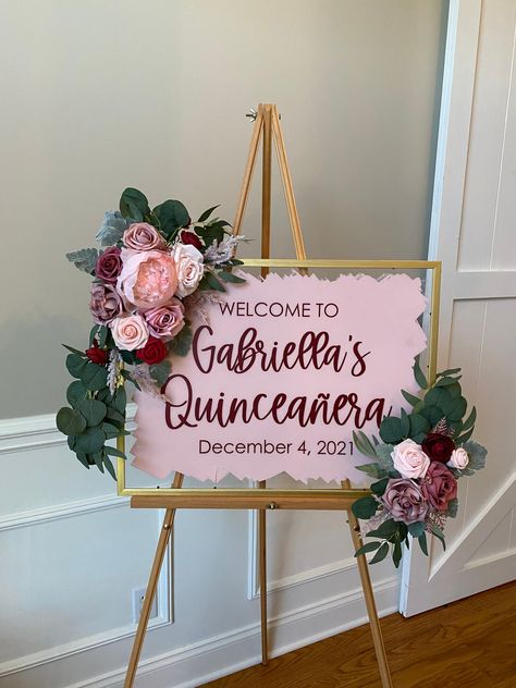 Quinceanera Sign, 15 Party Ideas Quinceanera, Gold Quinceanera Theme, Pink Quince Theme, Plexiglass Sign, Enchanted Forest Quinceanera Theme, Rose Gold Quinceanera, Quince Decor, Sweet 15 Party Ideas Quinceanera