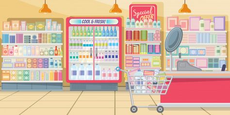 Supermarket with food shelves illustration Free Vector Shelves Illustration, Food Shelves, Food Shelf, Anime Places, 2160x3840 Wallpaper, Store Layout, Japon Illustration, Cartoon Background, Animation Background