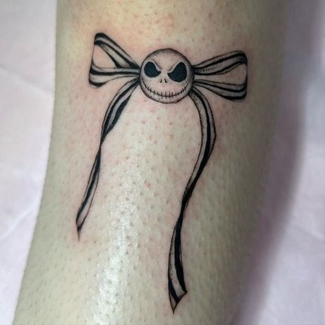 Halloween Character Tattoos, Small Jack Skellington Tattoo, Jack The Skeleton Tattoos, Small Nightmare Before Christmas Tattoo, Lock Shock And Barrel Tattoo, Jack Skeleton Tattoo, Eerie Tattoos, Nightmare Before Christmas Tattoo Ideas, The Nightmare Before Christmas Tattoo