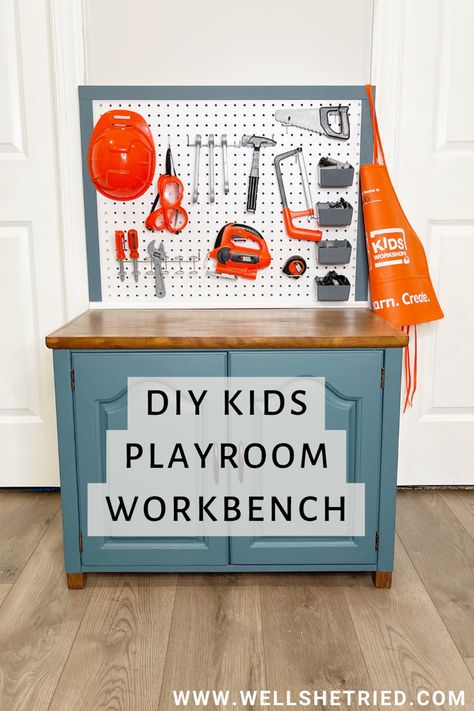 Kids play workbench, kids tool bench Kids Tool Bench Diy, Diy Kids Tool Bench, Tool Bench For Kids, Diy Kids Workbench, Toddler Workbench, Toddler Tool Bench, Diy Kids Play, Ikea Toy Kitchen, Kids Tool Box