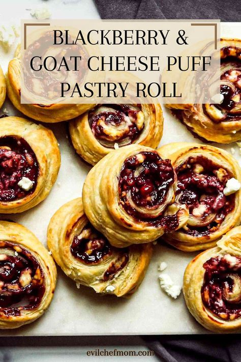 Blackberry & Goat Cheese Puff Pastry Roll Baked Goat Cheese Puff Pastry, Goats Cheese Puff Pastry, Goat Cheese Pastry, Goat Cheese Puff Pastry Appetizer, Blackberry Pastry Recipes, Blackberry Appetizers, Baked Goat Cheese Appetizer, Savory Puff Pastry Recipes Appetizers, Puff Pastry Goat Cheese