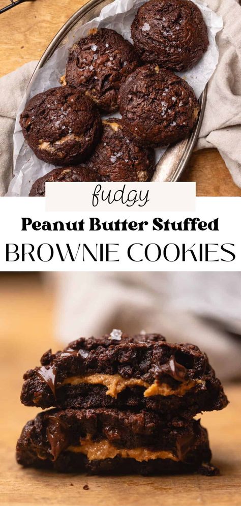 These peanut butter brownie cookies are ultra fudgy and filled with peanut butter. As they bake, the peanut butter ripples out, creating a beautiful marbled pattern inside! With cocoa powder and melted chocolate, these are the ultimate cookies for peanut butter and chocolate lovers alike! Peanut Butter Stuffed Brookies, Brownie Peanut Butter Cookies, Chocolate And Peanut Butter Cookies, Stuffed Brownie Cookies, Peanut Butter Stuffed Cookies, Peanut Butter Oreo Cookies, Peanut Butter Brownie Swirl Cookies, Peanut Butter Chocolate Desserts, Brownie Swirl Cookies