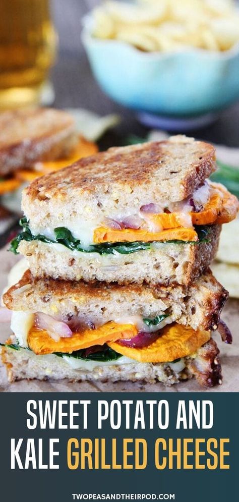 A creative grilled cheese recipe layered with sweet potatoes, kale, caramelized red onions, rosemary, and lots of cheese! This Sweet Potato and Kale Grilled Cheese is the perfect comfort food fall recipe that goes great with a bowl of warm soup! Save this fun fall treat! Fall Sandwiches, Kale Potato, Grilled Kale, Sweet Potato And Kale, Recipes Cheese, Grilled Recipes, Sweet Potato Kale, Cold Sandwiches, Grilled Cheese Recipes