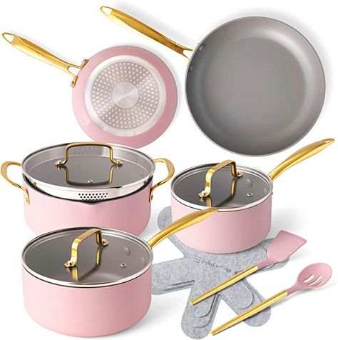 Pink Pots And Pans, Pink Cookware, Pink Kitchen Utensils, Pink Pots, Blush Pink Bedroom Decor, Gold Kitchen Utensils, Gold Utensils, Pink Living Room Decor, Gold Kitchen Accessories