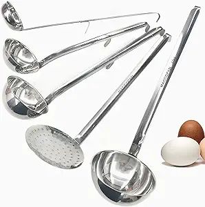 Stainless Steel Soup Ladle (5 PCS SET) Soup Ladle, Slotted Spoon, Slotted Spoons, Ladles, Vegetable Chopper, Serving Utensils, Serving Food, Spoon Set, Kitchen Utensils Gadgets