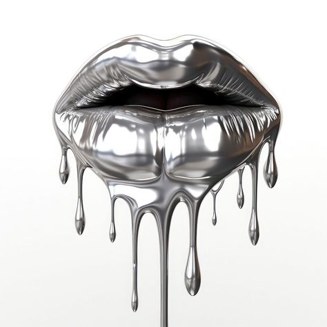 Y2k Silver Aesthetic, Liquid Metal Aesthetic, Chrome Lips, Lips White Background, Chrome Painting, Chrome Aesthetic, Silver Png, Silver Lips, Y2k Designs