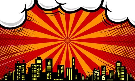 Comic cartoon background with city silho... | Premium Vector #Freepik #vector #comic-city #building-silhouette #town-silhouette #city-illustration Comic Book City Background, Spiderman Building Background, Comic City Background, Superman Background, Comic Building, Town Silhouette, Hero Background, Comics Background, Bridge Kids