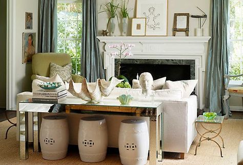 FOCAL POINT STYLING: 15 INSPIRATIONS FOR DECORATING WITH GARDEN STOOLS Console Table With Stools, Garden Stools, Ceramic Stool, Ceramic Garden, Multipurpose Table, Garden Stool, Window Seat, Home Decor Pictures, Room Sofa