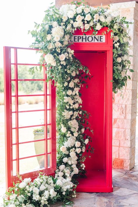 Wedding London Phone Booth Photo Backdrop #wedding #londonwedding #londontheme #phonebooth #telephonebooth #weddingphonebooth #weddingphotobooth #weddingflowers #weddingphotobackdrop #londonlovestory #weddinglovestory #texaswedding London Wedding Theme, Red Telephone Booth, London Phone Booth, Miami Luxury, London Theme, Wedding London, Red Telephone, London Party, London Wedding Venues