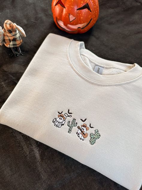 Halloween White Sweatshirt With Embroidered Graphics, White Halloween Sweatshirt With Embroidered Graphics, Casual Halloween Sweatshirt With Custom Embroidery, Halloween White Embroidered Sweatshirt, Custom Embroidered Long Sleeve Top For Halloween, Halloween Embroidery Sweatshirt, Ghost Cactus, Halloween Land, Cactus Sweatshirt