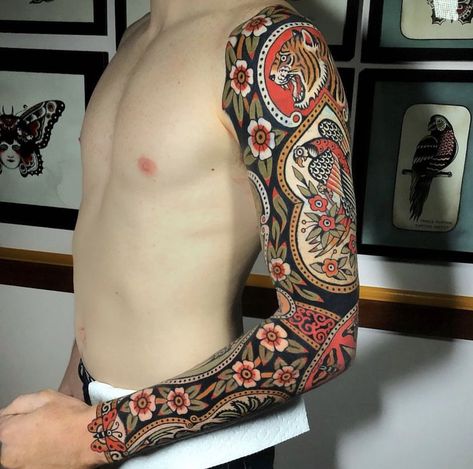 Full Traditional Sleeve, Framed Traditional Tattoo Sleeve, Framed Traditional Tattoo, American Traditional Tattoo Sleeve, Traditional Tattoo Painting, Traditional Tattoo Arm, Mosaic Tattoo, Arm Cover Up Tattoos, Taking Appointments