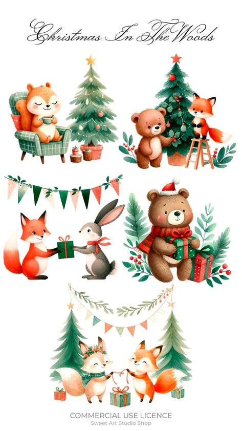 Christmas Woodland Animals Clipart, Christmas in the Woods Clipart, Watercolor Animals Clipart, Cute Christmas Clipart, Fox Bear Bunny - Etsy UK Winter Woodland Animals Illustration, Christmas Animals Illustration, Christmas In The Woods, Christmas Woodland Animals, Cute Christmas Clipart, Christmas Illustration Design, Woodland Clipart, Christmas Woodland, Christmas Card Illustration