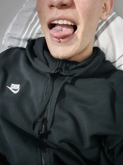 Tongue Web Piercing, Web Piercing, Men's Piercings, Smiley Piercing, Face Piercings, Men Hair Color, Tongue Piercing, Aesthetic Boy