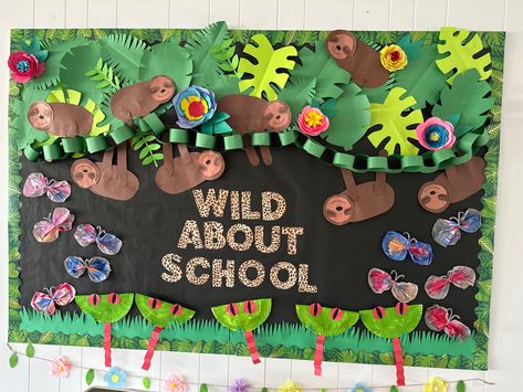 Jungle Bulletin Boards Preschool, Rainforest Bulletin Board Ideas, Wild About Learning Bulletin Board, Zoo Bulletin Board Ideas Preschool, Jungle Bulletin Board Ideas, Jungle Theme Bulletin Boards, Animal Bulletin Board Ideas, Rainforest Classroom Theme, Rainforest Bulletin Board