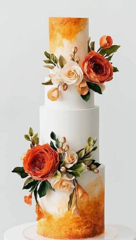 Wedding Cake Designs Orange, Orange Wedding Cake Designs, Winery Cake Ideas, Garden Theme Wedding Cake, Four Tier Wedding Cakes, Orange Wedding Cake Ideas, Orange Color Cake Birthday, 2 Tier Cake Design, Orange Theme Cake