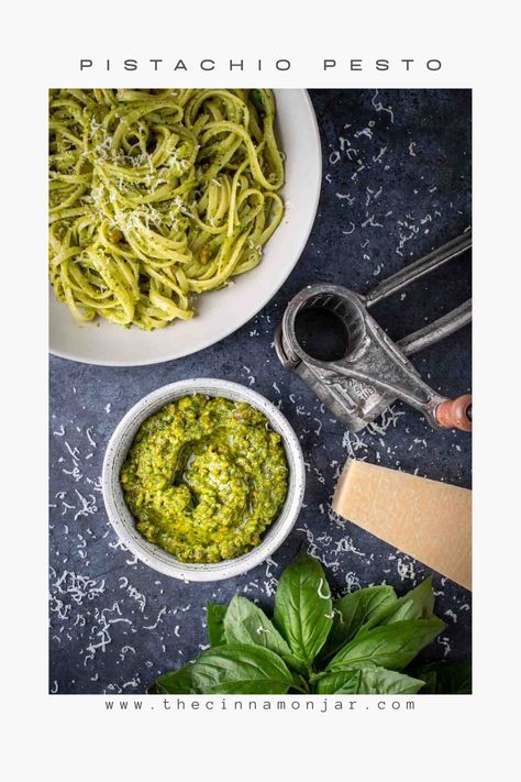 A bowl of pistachio peso surrounded by a bowl of pasta, a parmesan grater and parmesan cheese. Pistachio Pesto Recipe, Cold Dip Recipes, Quick Pasta Dishes, Pistachio Pesto, Chicken Gnocchi, Easy Pasta Dinner, Quick Pasta, Easy Pasta Dishes, Pasta Pizza