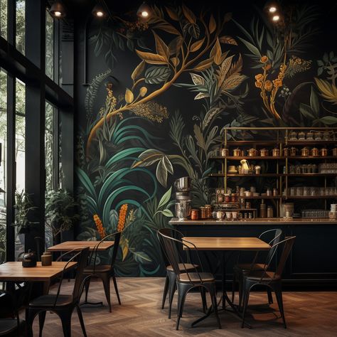 Cafe Murals Ideas, Batik Interior Design, Wall Wrap Design, Wallpaper For Restaurant Wall, Bar Murals, Restaurant Murals, Cafe Mural, Restaurant Mural, Buddha Wall Decor