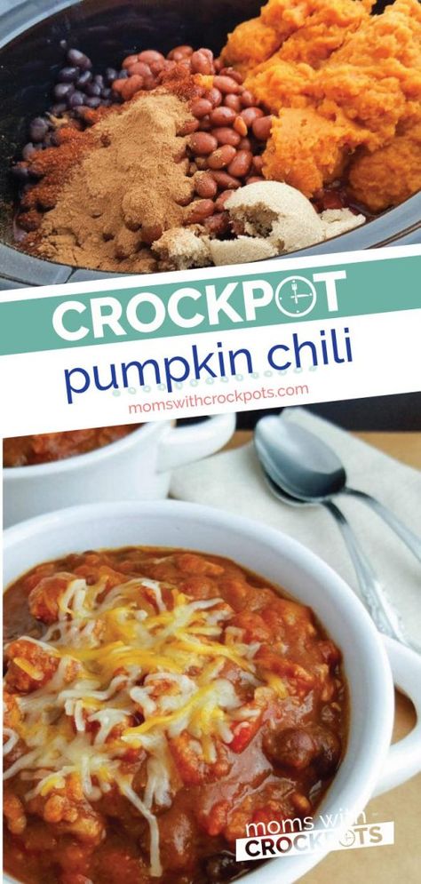 The perfect fall crockpot recipe! Check out this simple and flavorful Crockpot Pumpkin Chili Recipe. | @MomsWCrockpots #crockpot #slowcooker #chili #pumpkin #soup #dinner Crockpot Pumpkin Chili, Crockpot Pumpkin, Fall Crockpot, Chili Dinner, Dinner Crockpot, Pumpkin Chili Recipe, Fall Crockpot Recipes, Pumpkin Chili, Cool Autumn