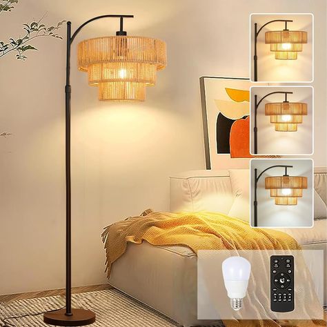 Arc Floor Lamp for Living Room with 3 Color Temperatures, Farmhouse Floor Lamps with Remote & Dimmable Bulb, Boho Standing Lamp with Rattan & 3-Tier Shades, Adjustable Tall Lamp for Bedroom,Corner - Amazon.com Romantic Bedroom Decor Ideas, Standing Lamp Living Room, Farmhouse Floor Lamps, Wicker Lamp Shade, Wicker Lamp, Dimmable Floor Lamp, Rattan Floor Lamp, Dreamy Space, Floor Lamp For Living Room