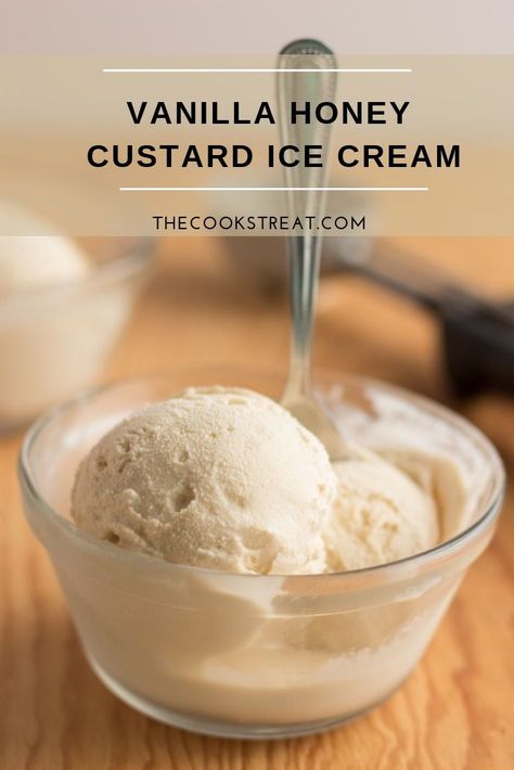 Custard Ice Cream Recipe, Kitchen Aid Ice Cream, Sugar Free Ice Cream, Custard Ice Cream, Honey Ice Cream, Vanilla Honey, Vanilla Ice Cream Recipe, Homemade Custard, Cream Custard