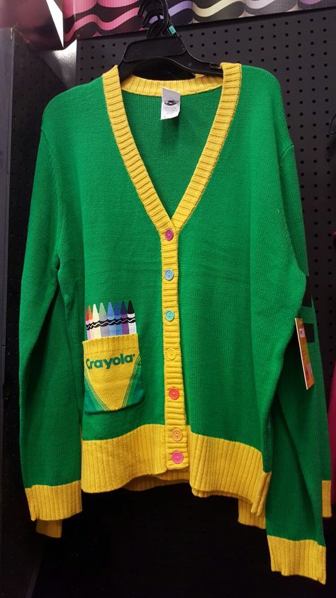 Diy crayola cardigan Crayola Outfit, Cool Cardigans, Fun Cardigans, Crayola Sweater, Crayon Outfit, Kidcore Sweater, Weird Cardigan, Clown Cardigan, Clowncore Cardigan