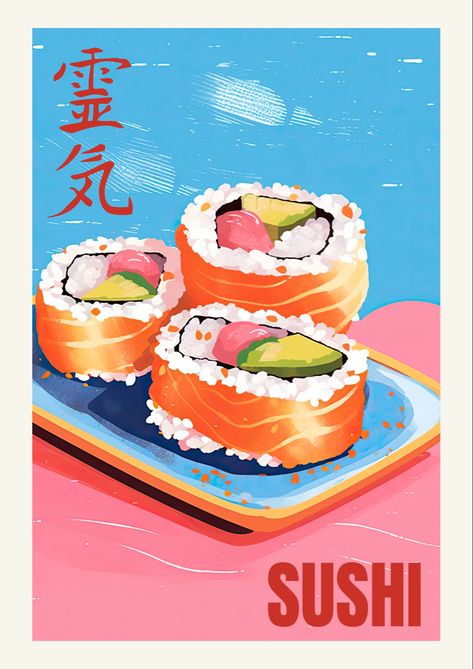 Sushi Drawing Aesthetic, Sushi Wall Art, Sushi Aesthetic Art, Sushi Illustration Graphics, Japan Food Poster, Sushi Graphic Design, Sushi Poster Design, Illustration Art Food, Sushi Painting