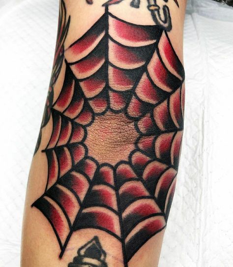 American Trad Spider Web, Traditional Tattoo Art Filler, Traditional Spider Web Tattoo Elbow, Old School Spider Web Tattoo, Traditional Web Tattoo, Traditional Spiderweb Tattoo, Web Tattoo Traditional, Web Traditional Tattoo, Old School Elbow Tattoo