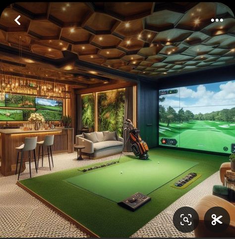 Basement Golf Simulator, Man Cave Garage Ideas, Home Golf Simulator, Indoor Golf Simulator, Golf Bar, Golf Simulator Room, Golf Room, Golf Simulator, Ultimate Man Cave