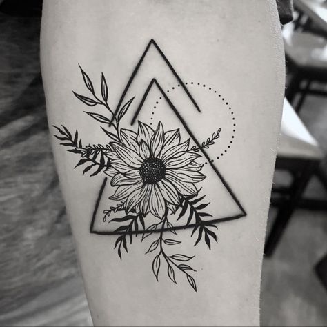 Geometrical Flower Tattoo, Geometric Tattoo Triangle, Geometric Hip Tattoo, Shoulder Tattoos For Women Geometric, Womens Geometric Tattoos, Daisy Triangle Tattoo, Geometric Botanical Tattoo, Floral Hexagon Tattoo, Sunflower Tattoo Triangle