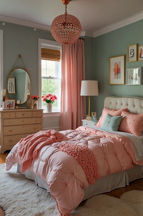 Bright Color Bedroom Ideas, Small Girls Bedroom Ideas, Teen Shared Bedroom, Colorful Girls Bedroom Ideas, Girls Bedroom Teal, Pink And Teal Bedroom, Colorful Girls Bedroom, Dorm Color Schemes, Cats Room