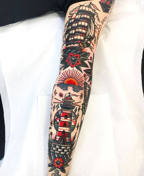 Imperishable classic - Dani Queipo | iNKPPL Old School Tattoo Sleeve, Traditional Tattoo Man, Nautical Tattoo Sleeve, Sailor Tattoos, Traditional Tattoo Inspiration, Traditional Style Tattoo, Lighthouse Tattoo, Traditional Tattoo Sleeve, Nautical Tattoo