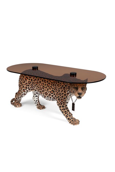 Spotted Panther Coffee Table | Bold Monkey Dope As Hell Panther Coffee Table, Monkey Style, Decorated Room, Minimalist Space, Round Glass Coffee Table, Dutch Furniture, Home Coffee Tables, Unique Centerpieces, Interior Concept