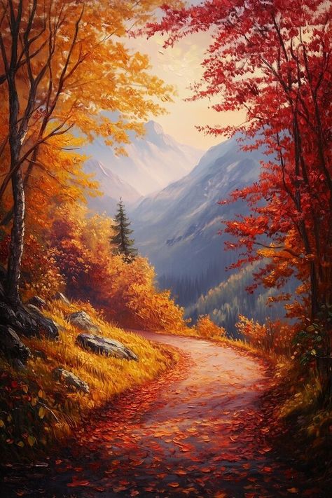 Autumn Trail Canvas Print Inspired by Bob Ross Vibrant Fall Colors Scenic Wall Art Home Decor by CustomCanvasCurators �🍁 Looking to add some cozy fall vibes to your space? Check out this stunning canvas print inspired by the amazing Bob Ross! 🎨🏞️ With its vibrant autumn hues and tranquil forest scene, it'll bring the outdoors inside and create a peaceful atmosphere in any room. Perfect for nature lovers or anyone who loves a touch of serene beauty in their home. #BobRoss #FallVibes #HomeDeco... Bob Ross Fall Paintings, Red Landscape Painting, Majestic Paintings, Autumn Forest Painting, Scenic Wall Art, Bob Ross Paintings, Fall Landscape, Forest Path, Fallen Leaves