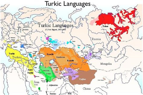 Turkic-Language-Map Language Map, Turkic Languages, China Dynasty, Semitic Languages, Language Families, Dna Genealogy, Ancient Languages, Knit Rug, Indian Language