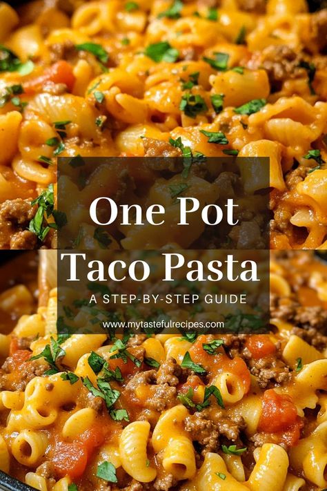 Calling all taco lovers! This Ultimate One Pot Taco Pasta is the perfect fusion of flavors. With every bite, enjoy the comforting texture of pasta combined with the delightful taste of tacos, all cooked in one pot for easy cleanup! One Pot Taco Spaghetti Easy, Healthy Taco Pasta Recipes, One Pan Taco Pasta, Taco Casserole With Pasta, One Pot Taco Pasta Ground Beef, Cheap Easy One Pot Meals, Mexican Taco Pasta, Cheap Mexican Dinners, Easy Healthy One Pot Meals