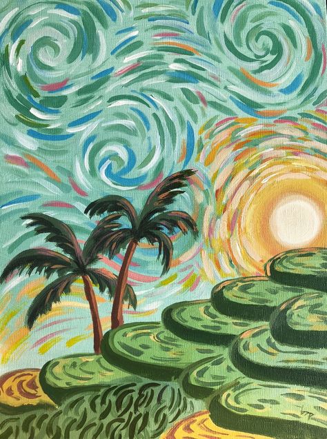 Bali Drawing Art, Bali Painting Art, Bright Paintings On Canvas, Long Rectangle Canvas Painting Ideas, Impressionism Art Easy, Easy Summer Paintings On Canvas, Bali Drawing, Van Gogh Inspired Art, Beachy Paintings