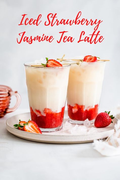 A refreshing jasmine tea latte brightened up with honey-sweetened strawberry syrup. This floral jasmine milk tea has a fruity twist sure to become your favorite beverage! Recipe by Snixy Kitchen. #californiastrawberries #jaseminetealatte #latte #strawberrydrinks #tealatte #strawberrytealatte #strawberrylatte #icedbeverages #summerdrinks #icedtea #strawberryicedtea Herbal Mocktails, Summer Latte, Jasmine Milk Tea, Cute Drinks, Tea Lattes, Tea Latte Recipe, Milk Tea Recipes, Tea Drink Recipes, Jasmine Tea