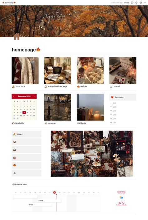 Notion homepage, notion personal dashboard, notion template, easy to use notion template, notion idea, notion simple homepage, fall themed notion page, fall theme notion page, fall aesthetic, fall aesthetic notion page, autumn vibes, autumn aesthetic, autumn aesthetic notion page Notion Dashboard Aesthetic Simple, Fall Notion Template, Notion Home Page Aesthetic, Aesthetic Notion Page, Notion Homepage Template, Notion Homepage Ideas, Notion Personal Dashboard, Notion Dashboard Ideas Aesthetic, Fall Notion