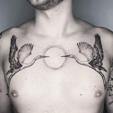 Crane Chest Tattoo, Bird Chest Tattoo, London Tattoo, Chest Piece, Chest Tattoo, Infinity Tattoo, Tattoo Artists, Art Inspo, Door Decorations