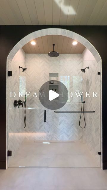 ᴏᴀᴋ ʜᴇᴀʀᴛʜ ʜᴏᴍᴇs on Instagram: "Is this your dream shower??? 😍👇🏼  Take a look at this beautiful primary bathroom shower of our Suncadia spec home 🙌🏼 this bathroom is just one of 4 in the home and is easily our favorite! If you know us you know how much we love an arched shower entry.. so we had to do it again on our second home 🙌🏼  This one was designed and created by our team @oakhearthhomes and features the tiled arched entry, curbless shower floor, rain head, custom niche, infinity drain, and beautiful mosaic herringbone shower walls done by @eurotiletech 🤩 we added stained and sealed TG wood to the ceiling of the entire bathroom to add some wood tones that compliment the oak cabinets and @suncadia vibes 😎  What do you think of this shower? Would this be your dream shower? Let Herringbone Tile Floors Bathroom, Walk In Shower With Arch, Shower With Arched Entry, Arched Bathroom Shower Door, Shower Behind Wall, Rain Head Shower Master Bath, Walk In Shower Archway, Curved Walk In Shower, Arched Shower Opening Tile