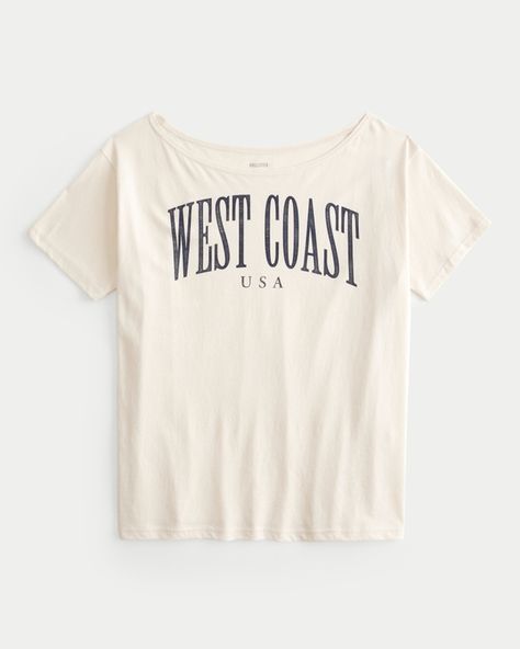 Women's Oversized Off-the-Shoulder West Coast Graphic Tee | Women's Clearance | HollisterCo.com Oversized T Shirt Outfit, Hollister Clothes, Off The Shoulder Tee, Xmas Outfits, Xmas List, White Graphic Tee, Oversized Graphic Tee, Low Low, Usa Print