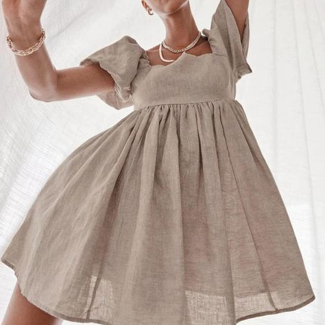 Classic Summer Dresses, Empire Pattern, Linen Mini Dress, Mini Robes, Short Dresses Casual, Khaki Dress, Mini Dress Casual, Loose Outfit, Vestido Casual