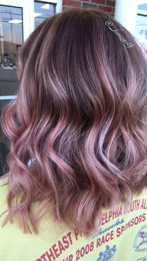 Subtle Rose Gold Hair Highlights, Rose Gold With Shadow Root, Rose Gold Partial Highlights, Light Brown Hair With Pink Highlights Rose Gold, Rosegold Haircolor Balayage Brunette, Long Bob Balayage, Gold Blonde Highlights, Dyed Hair Purple, Hair Color Underneath