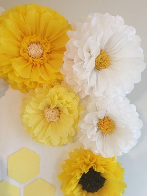 Giant yellow white and sunflower paper flower set beautiful | Etsy Hall Themes, Yellow Gerbera Daisy, Yellow Gerbera, Sunflower Paper, Bee Theme Party, Paper Sunflowers, 34th Birthday, Paper Flower Crafts, Flowers Paper