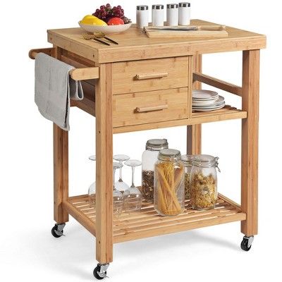 Kitchen Trolley Cart, Kitchen Island Trolley, Butcher Block Table, Rolling Kitchen Cart, Bamboo Kitchen, Sliding Drawers, Island Cart, Rolling Kitchen Island, Kitchen Trolley