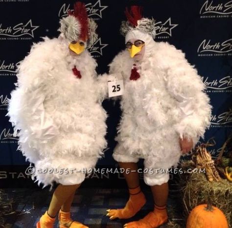 Cool Cackling Hens DIY Couple Costume Chicken Costume Diy Woman, Chicken Halloween Costume Women, Adult Chicken Costume Diy, Diy Chicken Costume Women, Adult Chicken Costume, Diy Chicken Costume, Chicken Costume Diy, Easter Diorama, American Horror Story Costumes