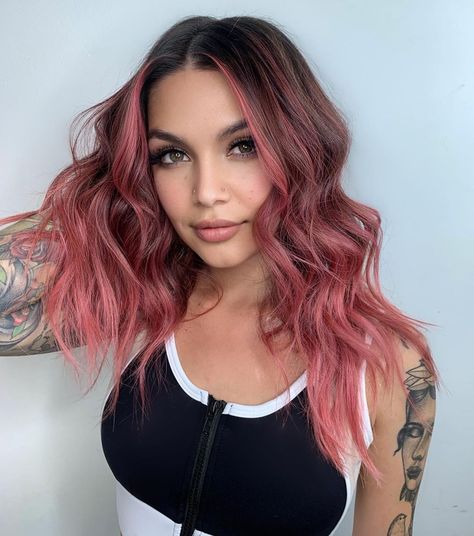 Beautiful Balayage Hair, Work Appropriate Pink Hair, Dusty Rose Brown Hair, Rose Pink Balayage, Rooted Pink Hair, Bronde Balayage With Pink, Pink To Red Ombre Hair, Lived In Pink Hair, Pink Lob Hair