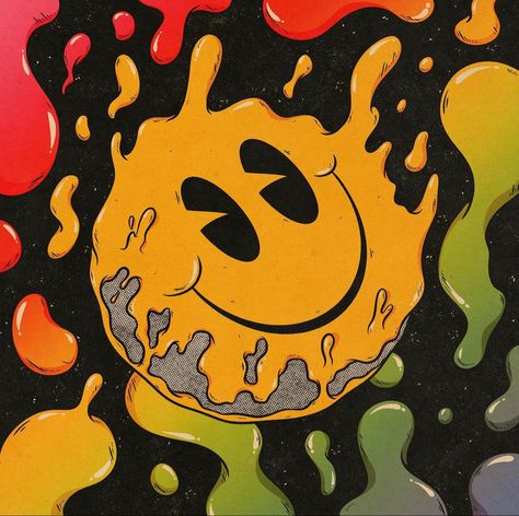 Smiley Face Art, Smiley Face Aesthetic, Drippy Smiley Face, Smiley Dripping Face, Vintage Smiley Face, Melting Smiley Face, Melting Smiley Face Painting, Trippy Smiley Painting, Create Cartoon Character