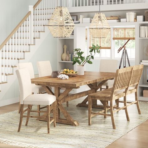 Sand & Stable Averie 6 - Piece Extendable Pine Trestle Dining Set & Reviews | Wayfair Double Pedestal Dining Table, Solid Wood Dining Set, Acme Furniture, Counter Height Dining Sets, Pedestal Dining Table, City Furniture, Grey Oak, Oak Finish, Upholstered Dining Chairs