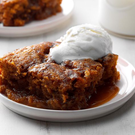 This no-egg cake is quick, easy and bursting with flavor. I like to serve it with ice cream or whipped cream. —J. Fleming, Almonte, Ontario Pumpkin Pudding Cake, Cake With Pudding, Walnut Brownie, Pudding Cake Recipe, Brownie Pudding, Baking A Cake, Bread Puddings, Pumpkin Pudding, Sweetened Whipped Cream